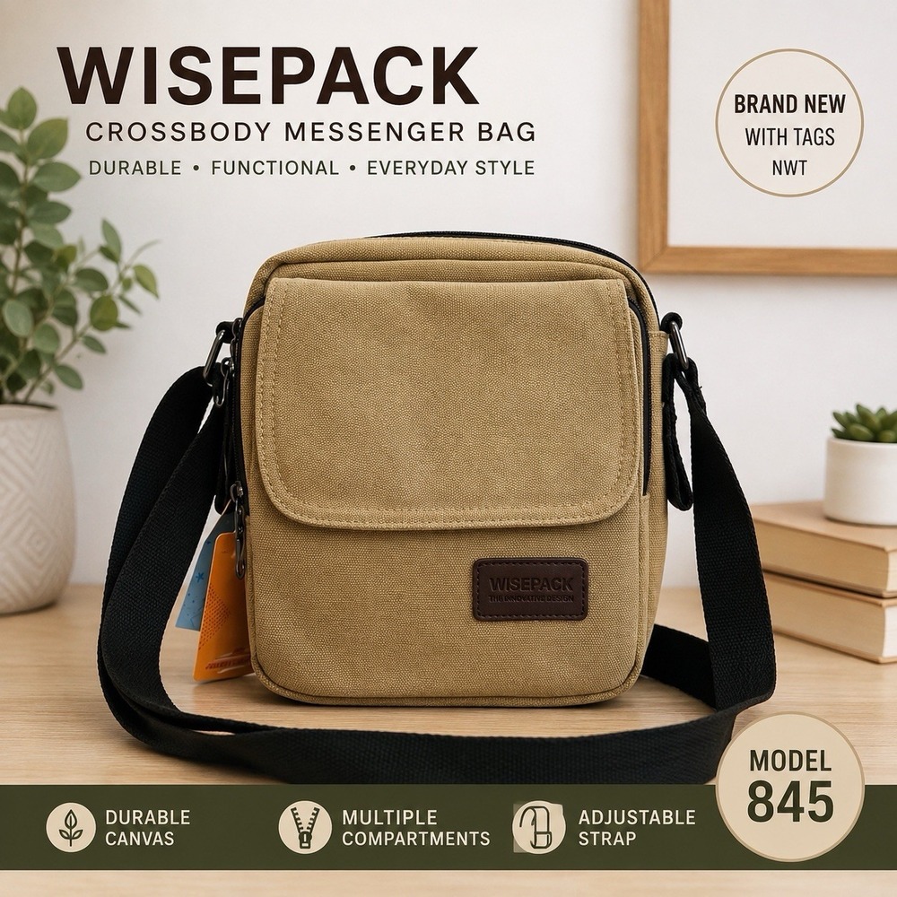 WISEPACK Crossbody Messenger Bag Unisex Khaki Canvas Adjustable Strap NWT